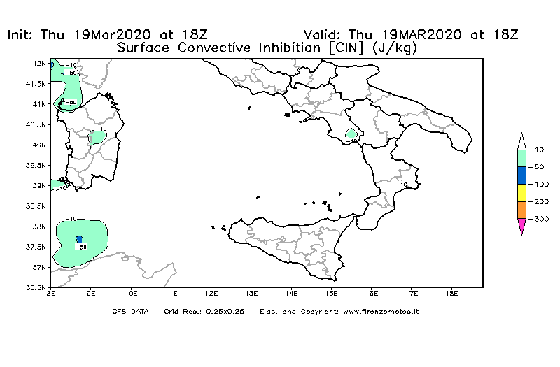 Mappa di analisi GFS - CIN [J/kg] in Sud-Italia
							del 19/03/2020 18 <!--googleoff: index-->UTC<!--googleon: index-->