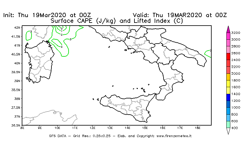 Mappa di analisi GFS - CAPE [J/kg] e Lifted Index [°C] in Sud-Italia
							del 19/03/2020 00 <!--googleoff: index-->UTC<!--googleon: index-->
