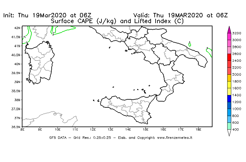 Mappa di analisi GFS - CAPE [J/kg] e Lifted Index [°C] in Sud-Italia
							del 19/03/2020 06 <!--googleoff: index-->UTC<!--googleon: index-->
