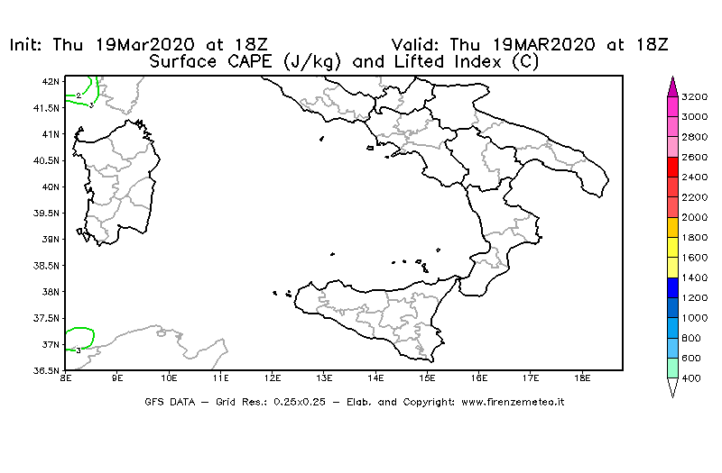 Mappa di analisi GFS - CAPE [J/kg] e Lifted Index [°C] in Sud-Italia
							del 19/03/2020 18 <!--googleoff: index-->UTC<!--googleon: index-->