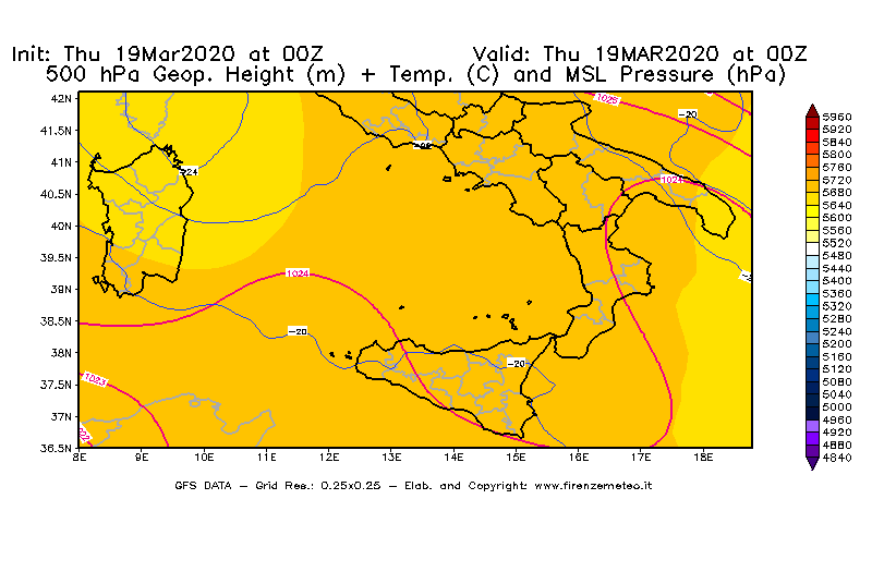 Mappa di analisi GFS - Geopotenziale [m] + Temp. [°C] a 500 hPa + Press. a livello del mare [hPa] in Sud-Italia
							del 19/03/2020 00 <!--googleoff: index-->UTC<!--googleon: index-->