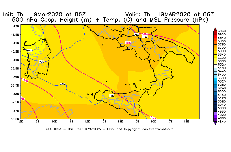Mappa di analisi GFS - Geopotenziale [m] + Temp. [°C] a 500 hPa + Press. a livello del mare [hPa] in Sud-Italia
							del 19/03/2020 06 <!--googleoff: index-->UTC<!--googleon: index-->