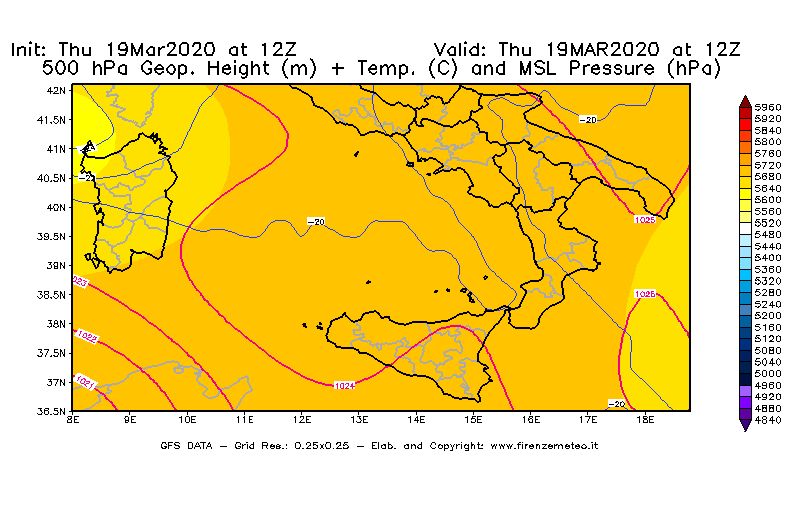 Mappa di analisi GFS - Geopotenziale [m] + Temp. [°C] a 500 hPa + Press. a livello del mare [hPa] in Sud-Italia
							del 19/03/2020 12 <!--googleoff: index-->UTC<!--googleon: index-->
