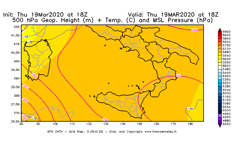 Mappa di analisi GFS - Geopotenziale [m] + Temp. [°C] a 500 hPa + Press. a livello del mare [hPa] in Sud-Italia
							del 19/03/2020 18 <!--googleoff: index-->UTC<!--googleon: index-->