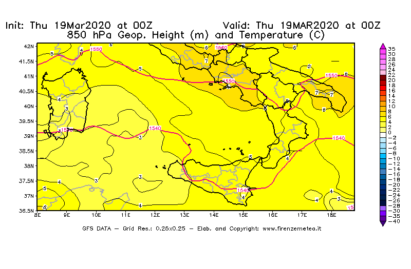 Mappa di analisi GFS - Geopotenziale [m] e Temperatura [°C] a 850 hPa in Sud-Italia
							del 19/03/2020 00 <!--googleoff: index-->UTC<!--googleon: index-->