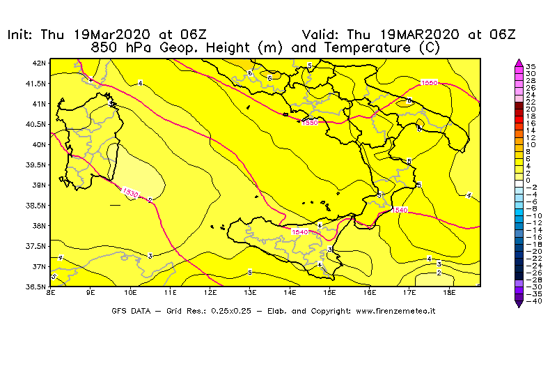 Mappa di analisi GFS - Geopotenziale [m] e Temperatura [°C] a 850 hPa in Sud-Italia
							del 19/03/2020 06 <!--googleoff: index-->UTC<!--googleon: index-->