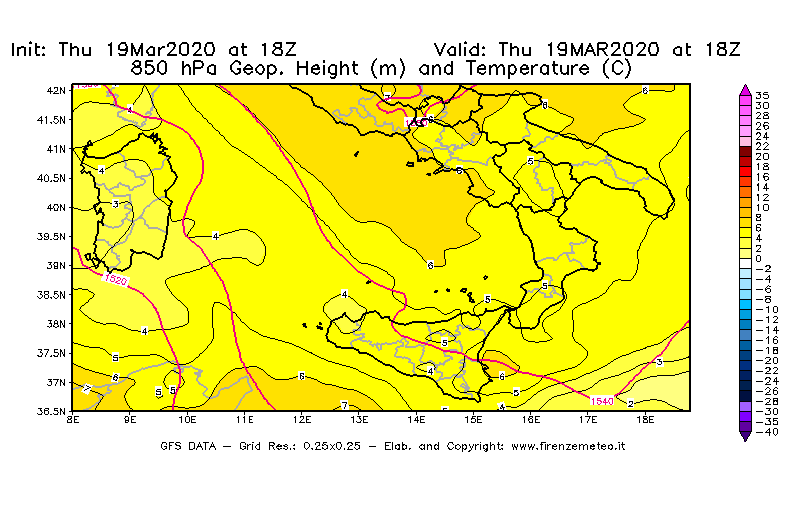 Mappa di analisi GFS - Geopotenziale [m] e Temperatura [°C] a 850 hPa in Sud-Italia
							del 19/03/2020 18 <!--googleoff: index-->UTC<!--googleon: index-->