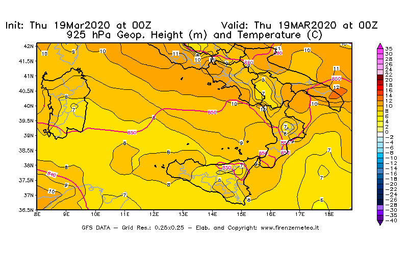 Mappa di analisi GFS - Geopotenziale [m] e Temperatura [°C] a 925 hPa in Sud-Italia
							del 19/03/2020 00 <!--googleoff: index-->UTC<!--googleon: index-->