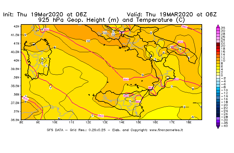 Mappa di analisi GFS - Geopotenziale [m] e Temperatura [°C] a 925 hPa in Sud-Italia
							del 19/03/2020 06 <!--googleoff: index-->UTC<!--googleon: index-->