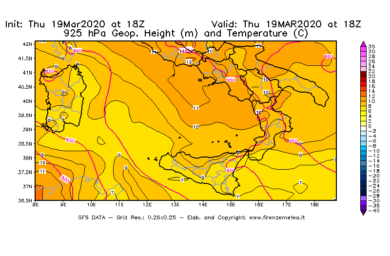 Mappa di analisi GFS - Geopotenziale [m] e Temperatura [°C] a 925 hPa in Sud-Italia
							del 19/03/2020 18 <!--googleoff: index-->UTC<!--googleon: index-->