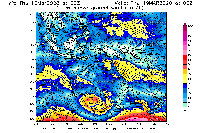Mappa di analisi GFS - Velocità del vento a 10 metri dal suolo [km/h] in Oceania
							del 19/03/2020 00 <!--googleoff: index-->UTC<!--googleon: index-->
