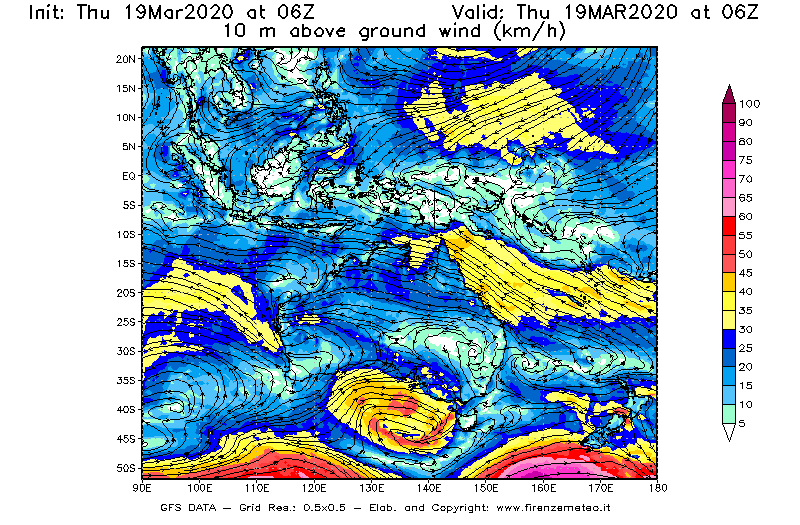 Mappa di analisi GFS - Velocità del vento a 10 metri dal suolo [km/h] in Oceania
							del 19/03/2020 06 <!--googleoff: index-->UTC<!--googleon: index-->