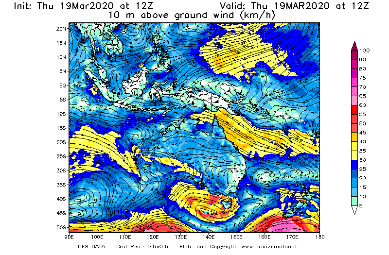 Mappa di analisi GFS - Velocità del vento a 10 metri dal suolo [km/h] in Oceania
							del 19/03/2020 12 <!--googleoff: index-->UTC<!--googleon: index-->