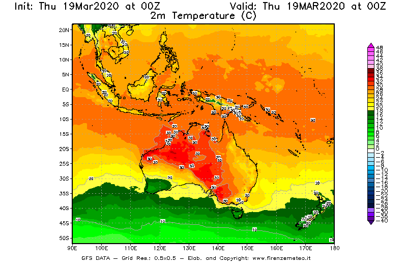 Mappa di analisi GFS - Temperatura a 2 metri dal suolo [°C] in Oceania
							del 19/03/2020 00 <!--googleoff: index-->UTC<!--googleon: index-->