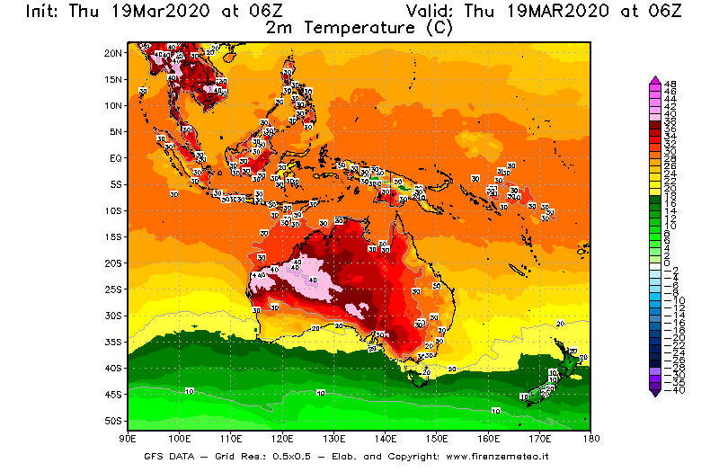 Mappa di analisi GFS - Temperatura a 2 metri dal suolo [°C] in Oceania
							del 19/03/2020 06 <!--googleoff: index-->UTC<!--googleon: index-->