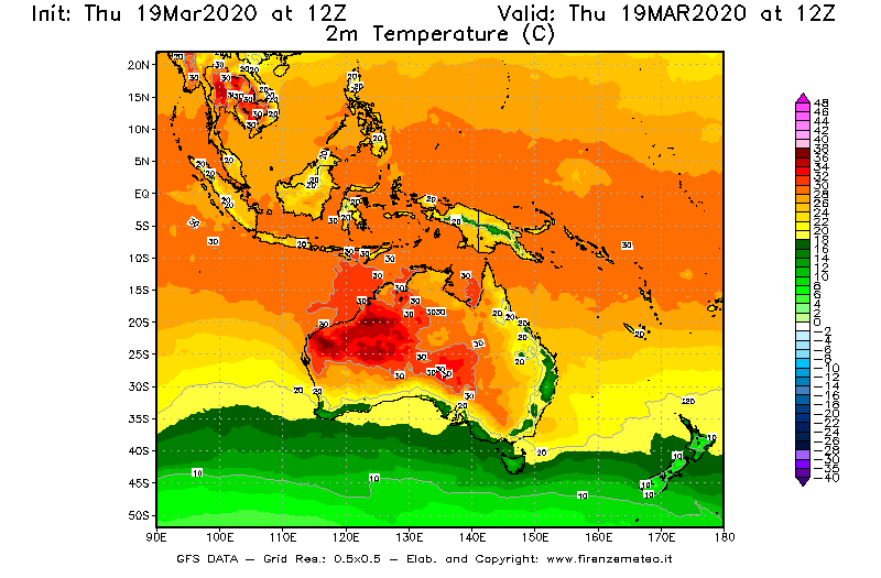 Mappa di analisi GFS - Temperatura a 2 metri dal suolo [°C] in Oceania
							del 19/03/2020 12 <!--googleoff: index-->UTC<!--googleon: index-->