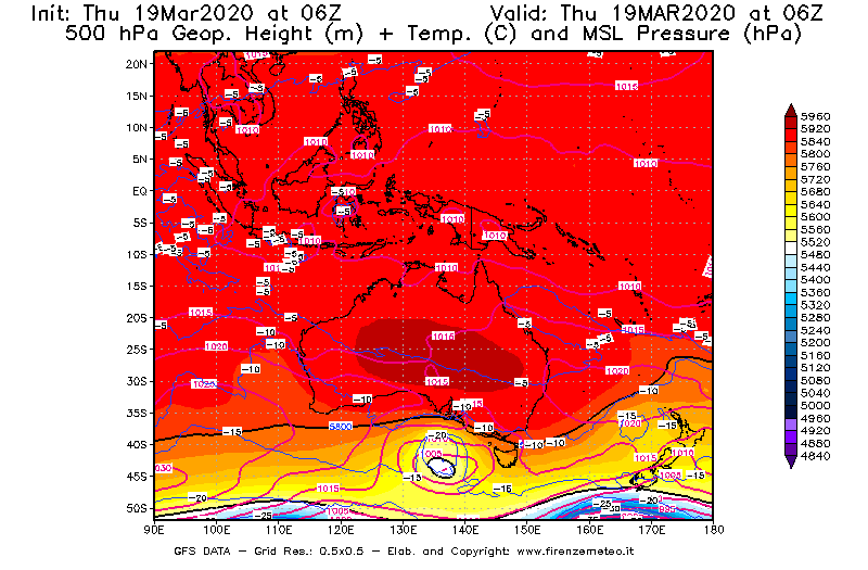 Mappa di analisi GFS - Geopotenziale [m] + Temp. [°C] a 500 hPa + Press. a livello del mare [hPa] in Oceania
							del 19/03/2020 06 <!--googleoff: index-->UTC<!--googleon: index-->