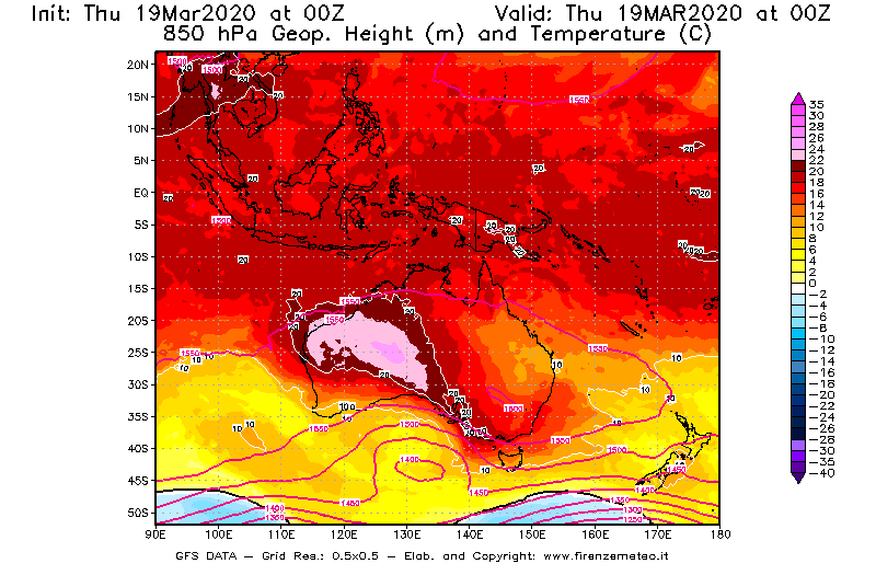 Mappa di analisi GFS - Geopotenziale [m] e Temperatura [°C] a 850 hPa in Oceania
							del 19/03/2020 00 <!--googleoff: index-->UTC<!--googleon: index-->