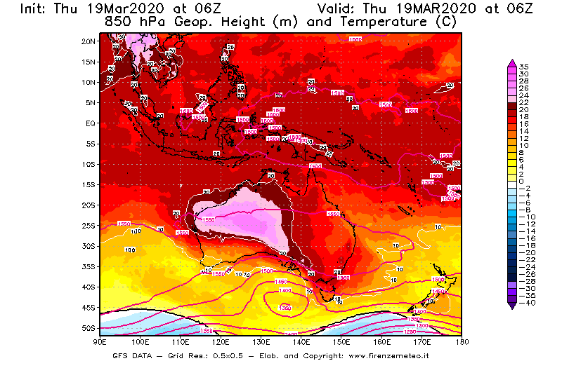 Mappa di analisi GFS - Geopotenziale [m] e Temperatura [°C] a 850 hPa in Oceania
							del 19/03/2020 06 <!--googleoff: index-->UTC<!--googleon: index-->