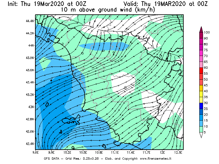 Mappa di analisi GFS - Velocità del vento a 10 metri dal suolo [km/h] in Toscana
							del 19/03/2020 00 <!--googleoff: index-->UTC<!--googleon: index-->