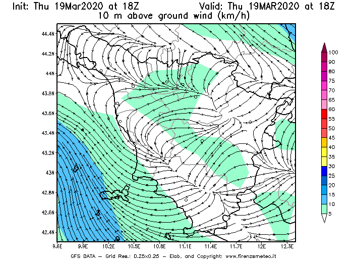 Mappa di analisi GFS - Velocità del vento a 10 metri dal suolo [km/h] in Toscana
							del 19/03/2020 18 <!--googleoff: index-->UTC<!--googleon: index-->