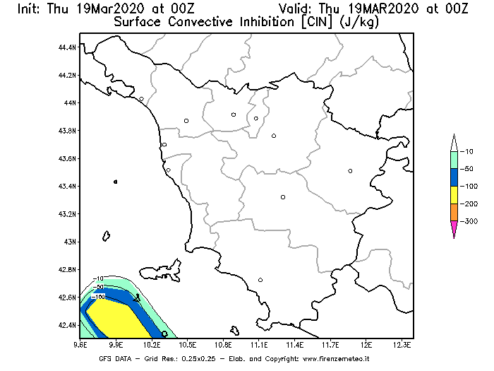 Mappa di analisi GFS - CIN [J/kg] in Toscana
							del 19/03/2020 00 <!--googleoff: index-->UTC<!--googleon: index-->