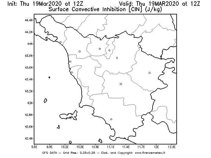 Mappa di analisi GFS - CIN [J/kg] in Toscana
							del 19/03/2020 12 <!--googleoff: index-->UTC<!--googleon: index-->