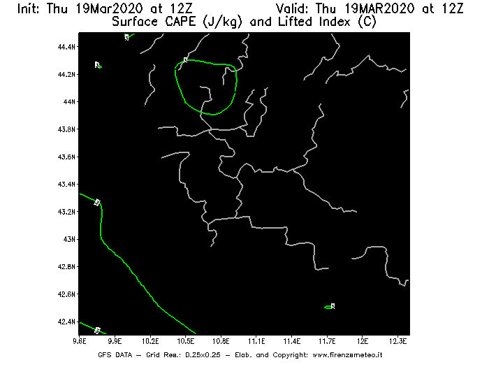Mappa di analisi GFS - CAPE [J/kg] e Lifted Index [°C] in Toscana
							del 19/03/2020 12 <!--googleoff: index-->UTC<!--googleon: index-->