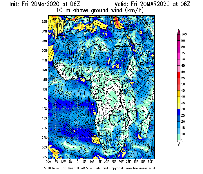 Mappa di analisi GFS - Velocità del vento a 10 metri dal suolo [km/h] in Africa
							del 20/03/2020 06 <!--googleoff: index-->UTC<!--googleon: index-->