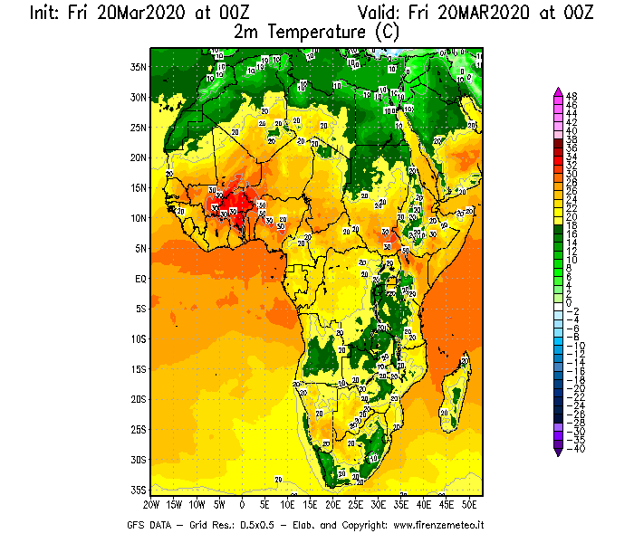 Mappa di analisi GFS - Temperatura a 2 metri dal suolo [°C] in Africa
									del 20/03/2020 00 <!--googleoff: index-->UTC<!--googleon: index-->