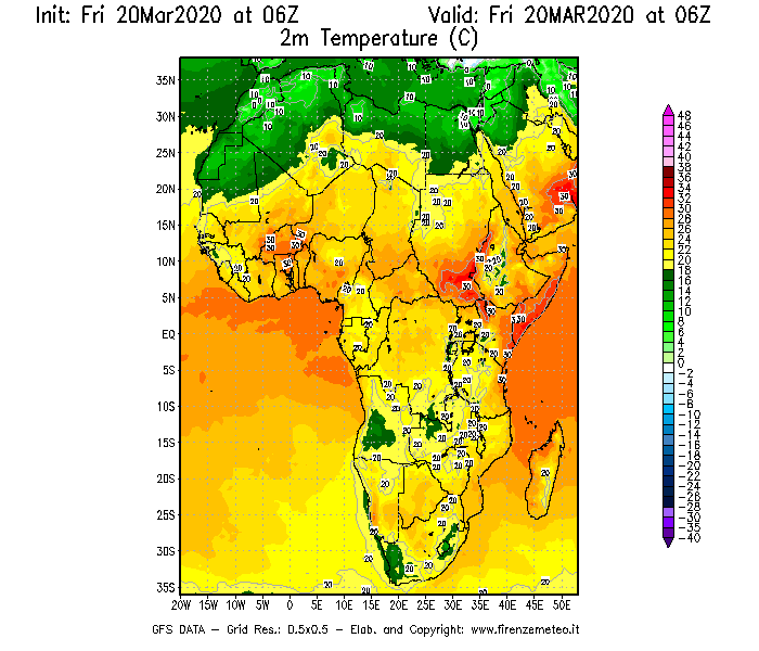 Mappa di analisi GFS - Temperatura a 2 metri dal suolo [°C] in Africa
							del 20/03/2020 06 <!--googleoff: index-->UTC<!--googleon: index-->