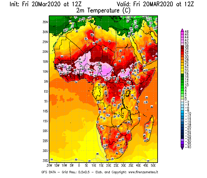 Mappa di analisi GFS - Temperatura a 2 metri dal suolo [°C] in Africa
									del 20/03/2020 12 <!--googleoff: index-->UTC<!--googleon: index-->