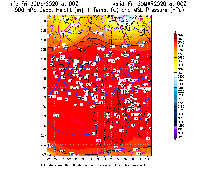 Mappa di analisi GFS - Geopotenziale [m] + Temp. [°C] a 500 hPa + Press. a livello del mare [hPa] in Africa
									del 20/03/2020 00 <!--googleoff: index-->UTC<!--googleon: index-->