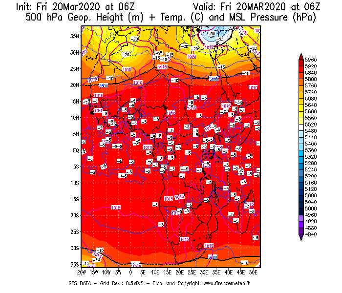 Mappa di analisi GFS - Geopotenziale [m] + Temp. [°C] a 500 hPa + Press. a livello del mare [hPa] in Africa
									del 20/03/2020 06 <!--googleoff: index-->UTC<!--googleon: index-->
