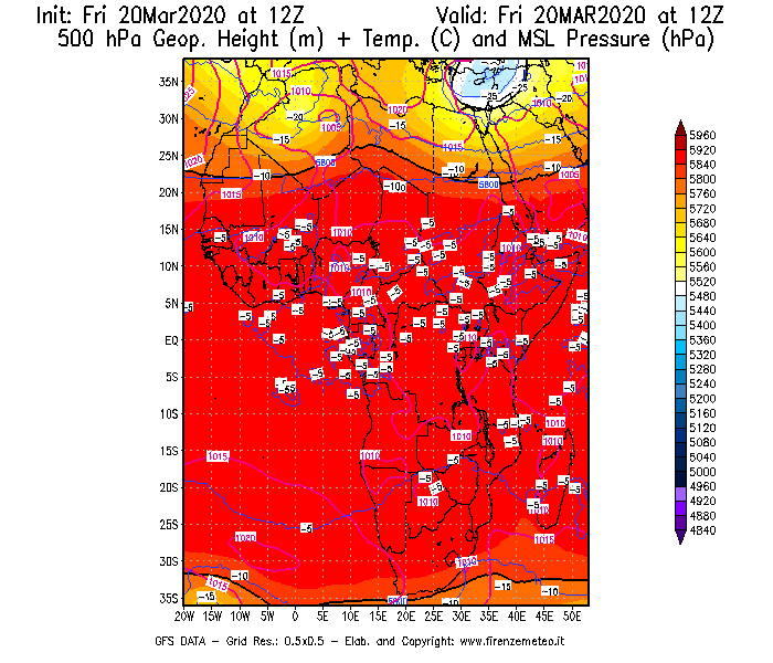 Mappa di analisi GFS - Geopotenziale [m] + Temp. [°C] a 500 hPa + Press. a livello del mare [hPa] in Africa
									del 20/03/2020 12 <!--googleoff: index-->UTC<!--googleon: index-->