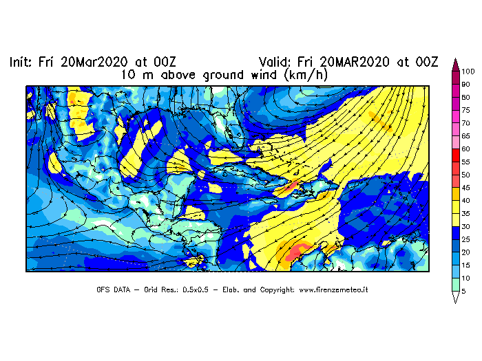 Mappa di analisi GFS - Velocità del vento a 10 metri dal suolo [km/h] in Centro-America
									del 20/03/2020 00 <!--googleoff: index-->UTC<!--googleon: index-->