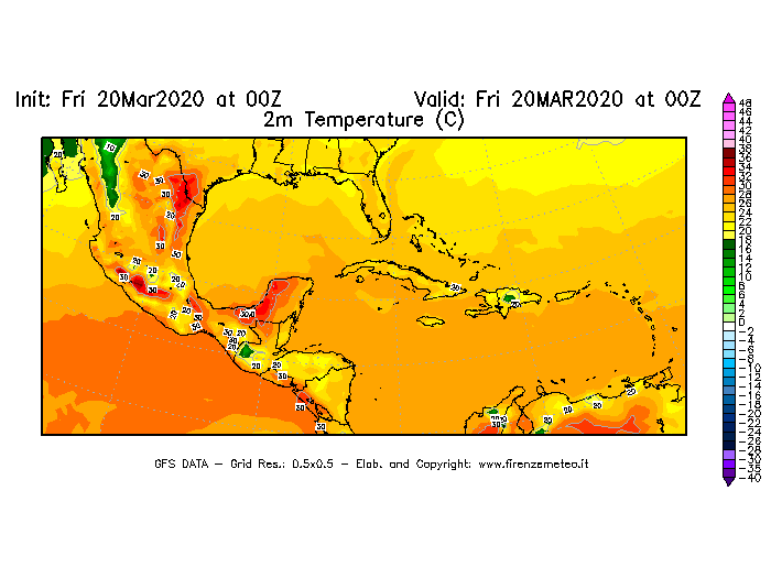 Mappa di analisi GFS - Temperatura a 2 metri dal suolo [°C] in Centro-America
									del 20/03/2020 00 <!--googleoff: index-->UTC<!--googleon: index-->