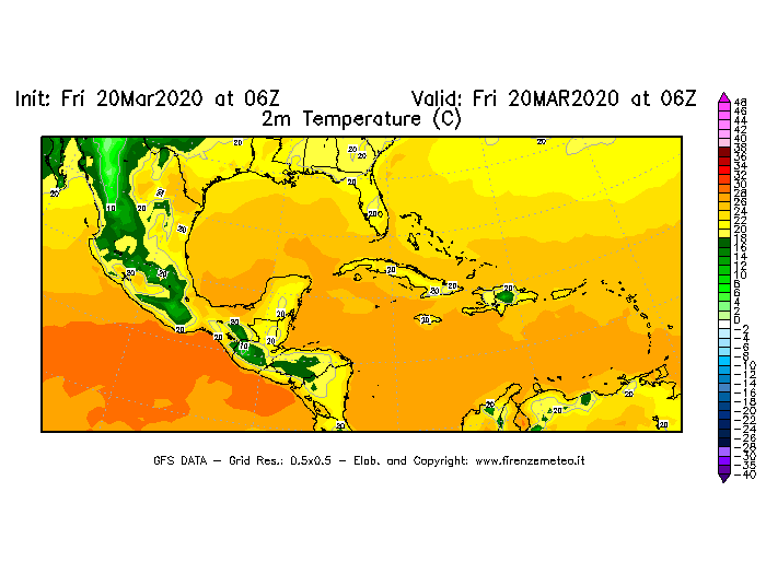 Mappa di analisi GFS - Temperatura a 2 metri dal suolo [°C] in Centro-America
									del 20/03/2020 06 <!--googleoff: index-->UTC<!--googleon: index-->