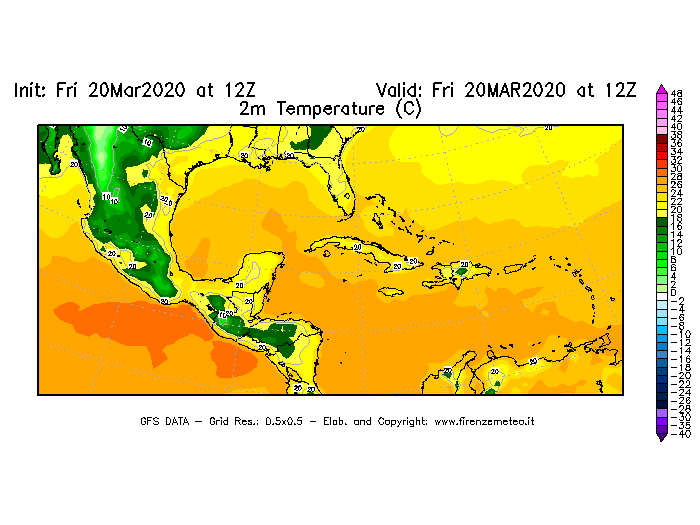 Mappa di analisi GFS - Temperatura a 2 metri dal suolo [°C] in Centro-America
							del 20/03/2020 12 <!--googleoff: index-->UTC<!--googleon: index-->