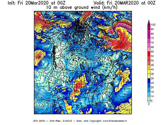 Mappa di analisi GFS - Velocità del vento a 10 metri dal suolo [km/h] in Nord-America
							del 20/03/2020 00 <!--googleoff: index-->UTC<!--googleon: index-->