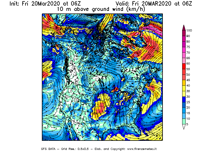 Mappa di analisi GFS - Velocità del vento a 10 metri dal suolo [km/h] in Nord-America
									del 20/03/2020 06 <!--googleoff: index-->UTC<!--googleon: index-->