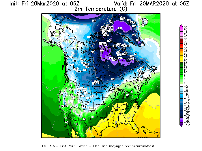 Mappa di analisi GFS - Temperatura a 2 metri dal suolo [°C] in Nord-America
									del 20/03/2020 06 <!--googleoff: index-->UTC<!--googleon: index-->