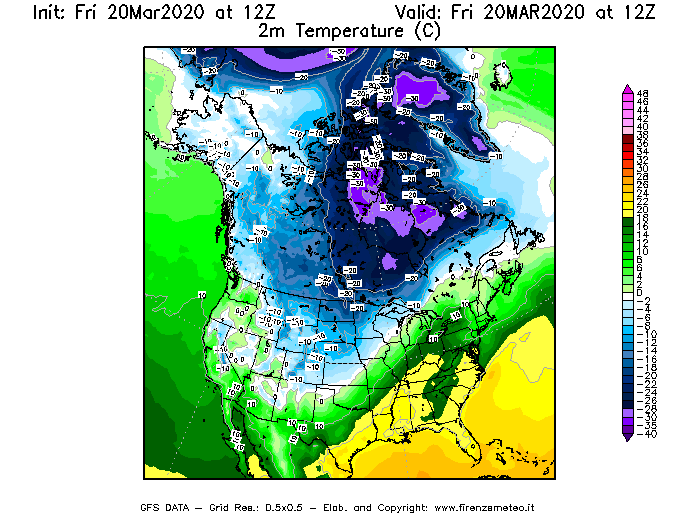 Mappa di analisi GFS - Temperatura a 2 metri dal suolo [°C] in Nord-America
							del 20/03/2020 12 <!--googleoff: index-->UTC<!--googleon: index-->