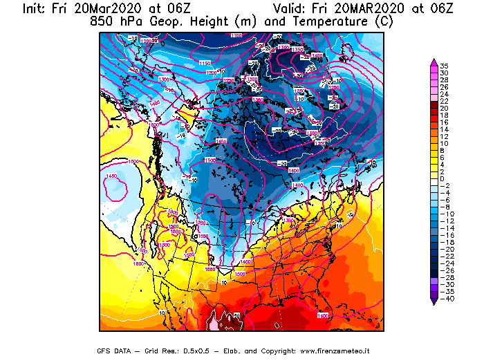 Mappa di analisi GFS - Geopotenziale [m] e Temperatura [°C] a 850 hPa in Nord-America
							del 20/03/2020 06 <!--googleoff: index-->UTC<!--googleon: index-->