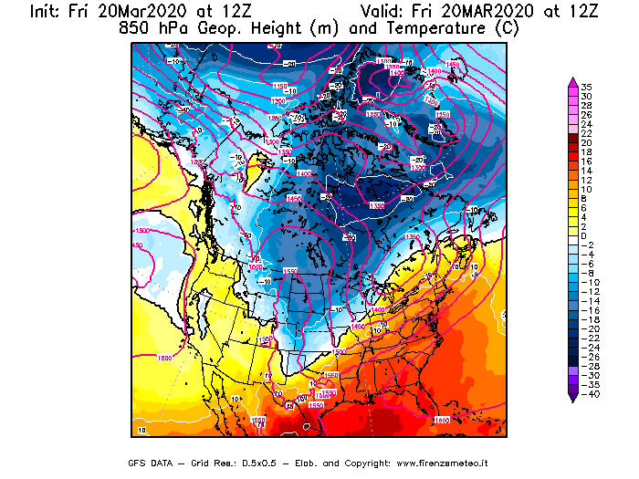 Mappa di analisi GFS - Geopotenziale [m] e Temperatura [°C] a 850 hPa in Nord-America
							del 20/03/2020 12 <!--googleoff: index-->UTC<!--googleon: index-->