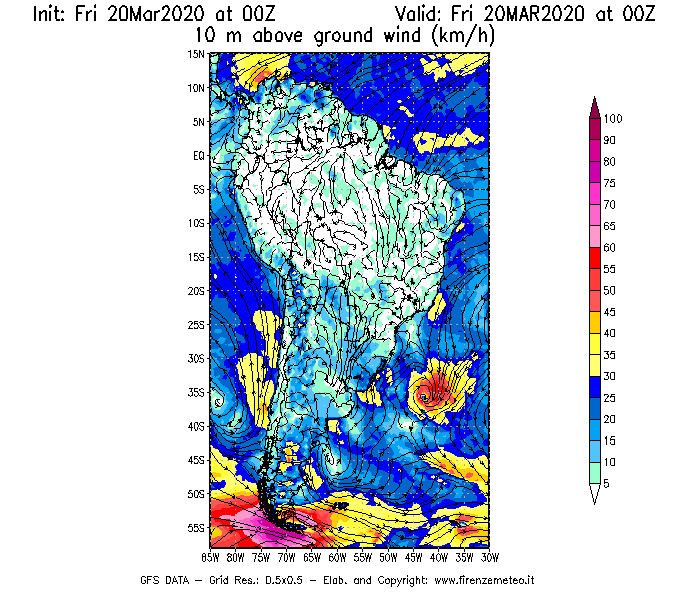 Mappa di analisi GFS - Velocità del vento a 10 metri dal suolo [km/h] in Sud-America
									del 20/03/2020 00 <!--googleoff: index-->UTC<!--googleon: index-->