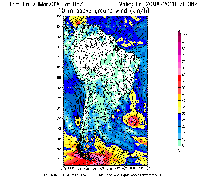 Mappa di analisi GFS - Velocità del vento a 10 metri dal suolo [km/h] in Sud-America
							del 20/03/2020 06 <!--googleoff: index-->UTC<!--googleon: index-->
