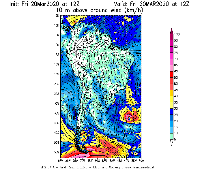 Mappa di analisi GFS - Velocità del vento a 10 metri dal suolo [km/h] in Sud-America
							del 20/03/2020 12 <!--googleoff: index-->UTC<!--googleon: index-->