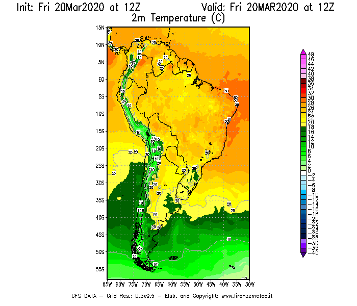 Mappa di analisi GFS - Temperatura a 2 metri dal suolo [°C] in Sud-America
							del 20/03/2020 12 <!--googleoff: index-->UTC<!--googleon: index-->