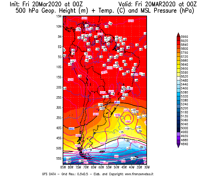 Mappa di analisi GFS - Geopotenziale [m] + Temp. [°C] a 500 hPa + Press. a livello del mare [hPa] in Sud-America
									del 20/03/2020 00 <!--googleoff: index-->UTC<!--googleon: index-->